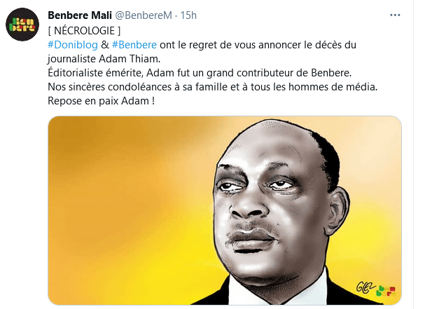 Capture d'écran d'un tweet du site Benbere annonçant le décès du journaliste émérite malien Adam Thiam.