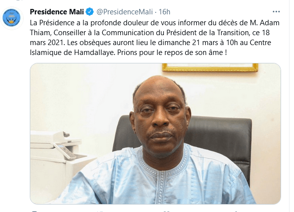 Capture d'écran d'un tweet de la présidence du Mali annonçant le décès du journaliste émérite malien Adam Thiam.